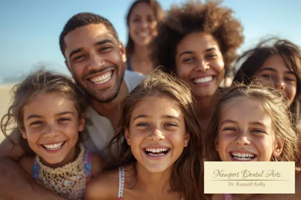 Newport Beach family showing bright smiles after preventive dental care with Dr. Russell Kelly at Newport Dental Arts