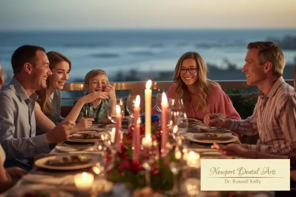 Newport Beach family smiling at Thanksgiving dinner after dental checkups at Newport Dental Arts