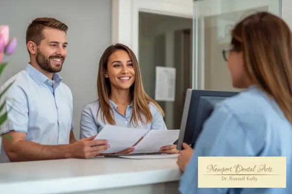 Newport Dental Arts team helping patient maximize year-end dental insurance benefits with Dr. Russell Kelly