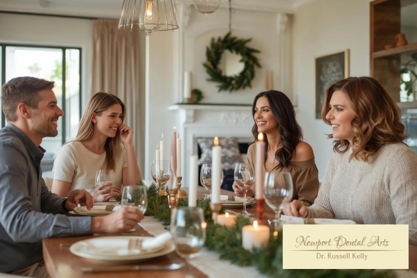 Newport Beach family enjoying a stress-free holiday dinner with healthy smiles after dental care at Newport Dental Arts.