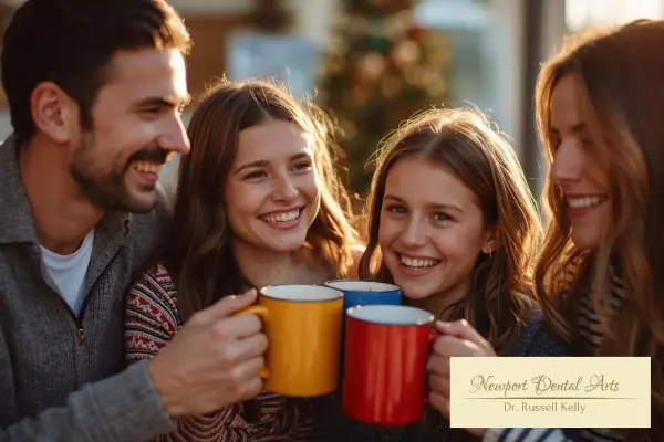 Newport Beach family enjoying festive holiday drinks while maintaining healthy smiles with dental care from Dr. Russell Kelly at Newport Dental Arts