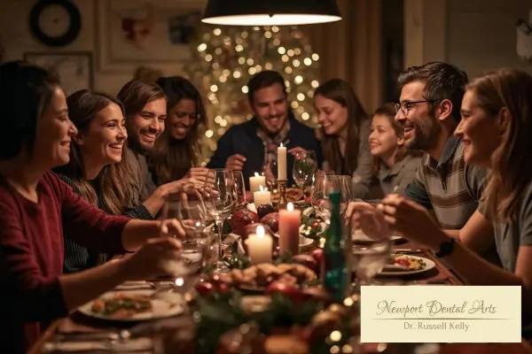 Newport Beach family smiling at Thanksgiving dinner after dental checkups at Newport Dental Arts