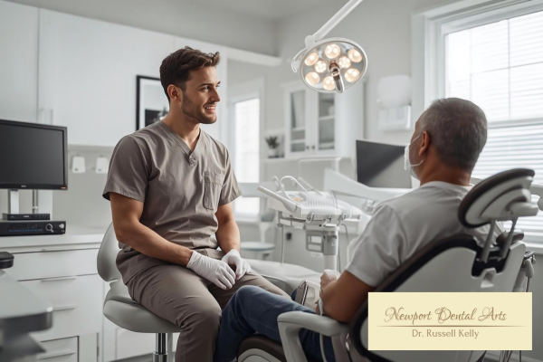 Dentist consulting with patient during a preventive dental exam in Newport Beach