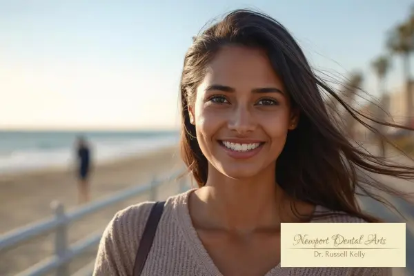 Woman smiling with Invisalign aligners in Newport Beach
