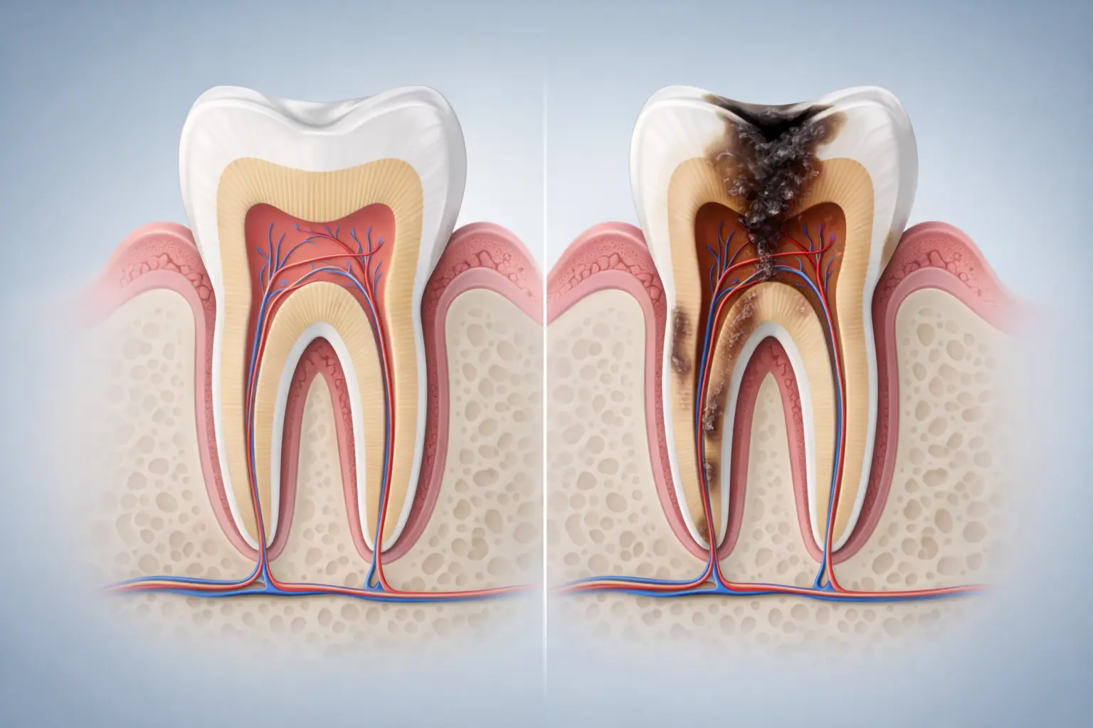 3D tooth cross-section showing healthy pulp and root canal infection