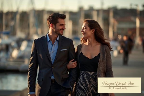Couple smiling confidently during a winter evening in Newport Beach