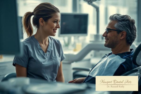 Dentist discussing smile health with patient in Newport Beach