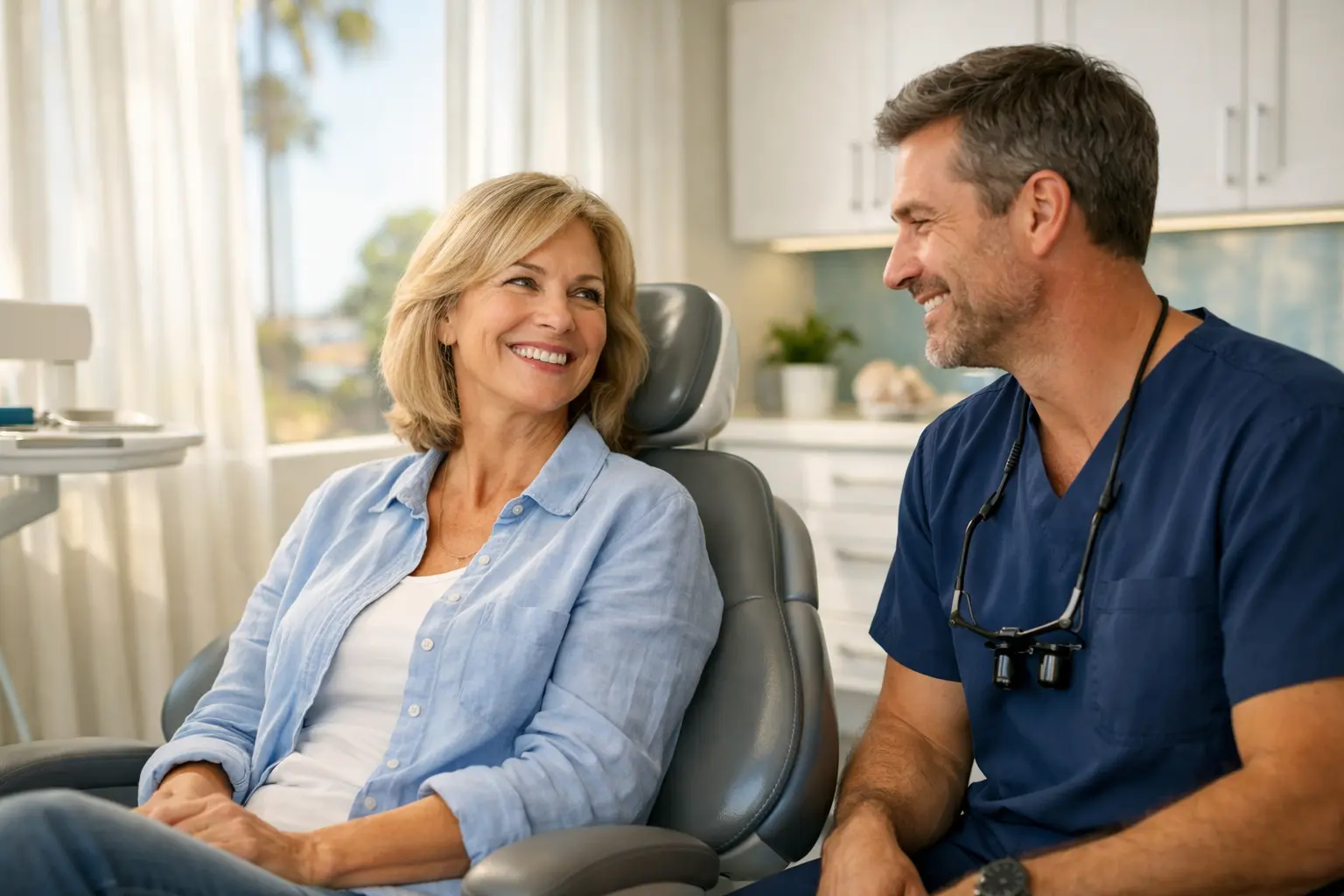 Patient smiling during consultation in bright Newport Beach dental office