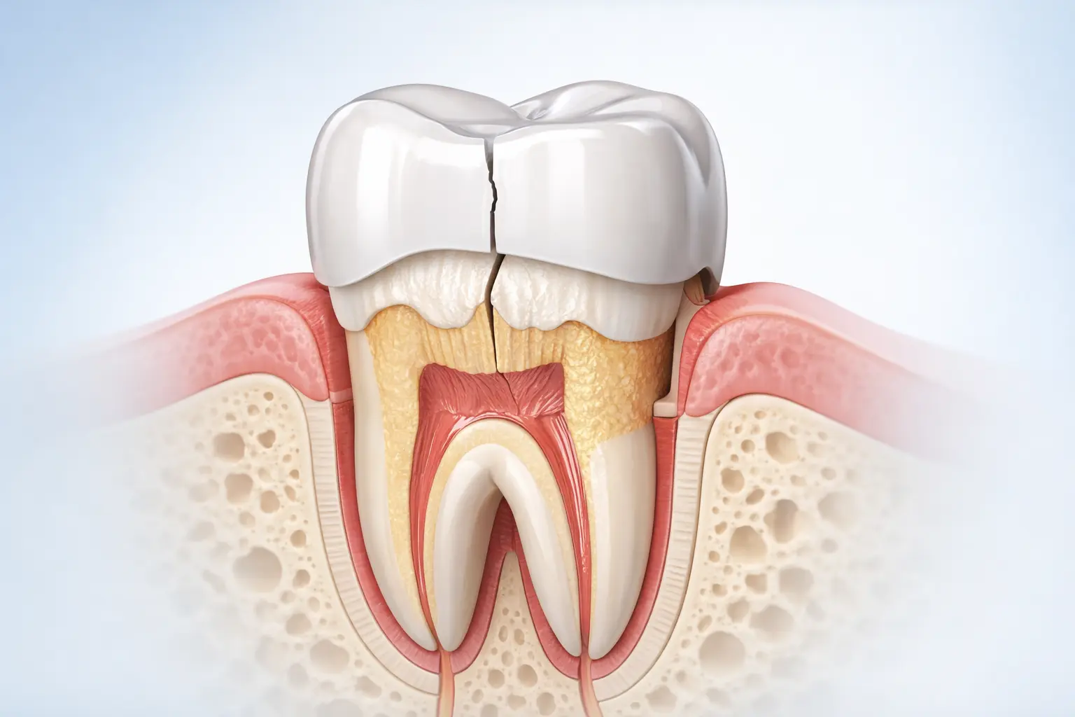 3D cross-section of cracked molar restored with porcelain dental crown in Newport Beach