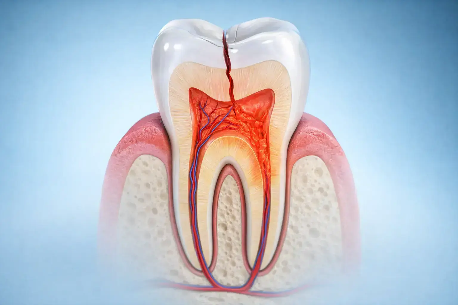 3D illustration of cracked tooth showing internal damage and sensitivity
