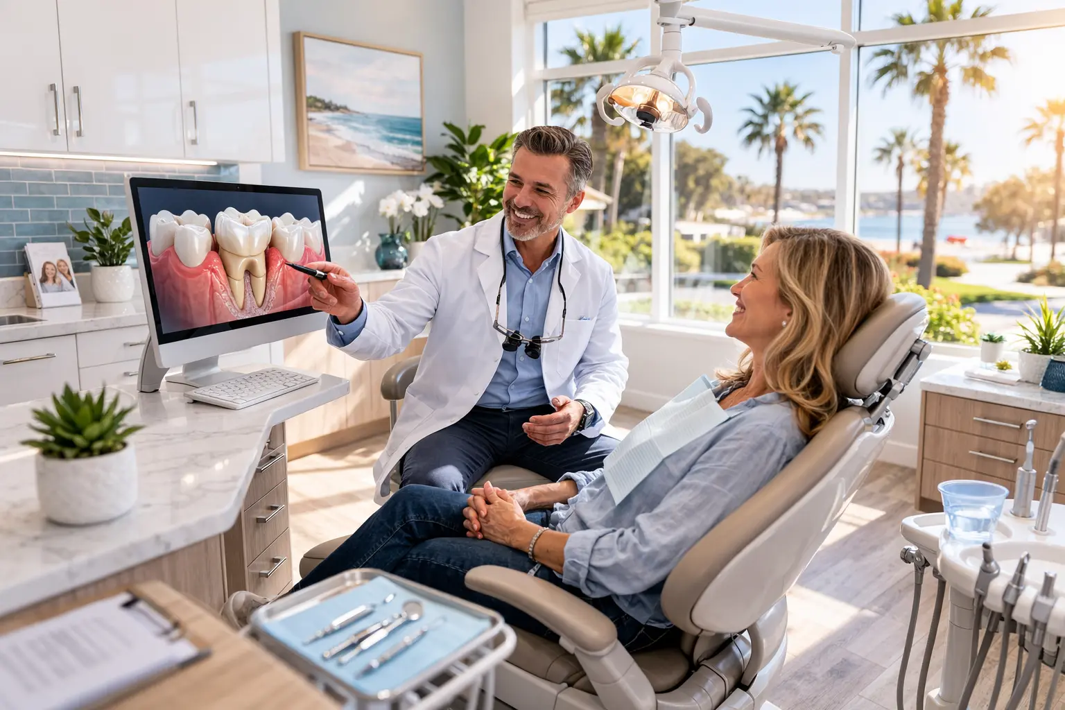 Dentist reviewing digital tooth images with patient in Newport Beach dental office