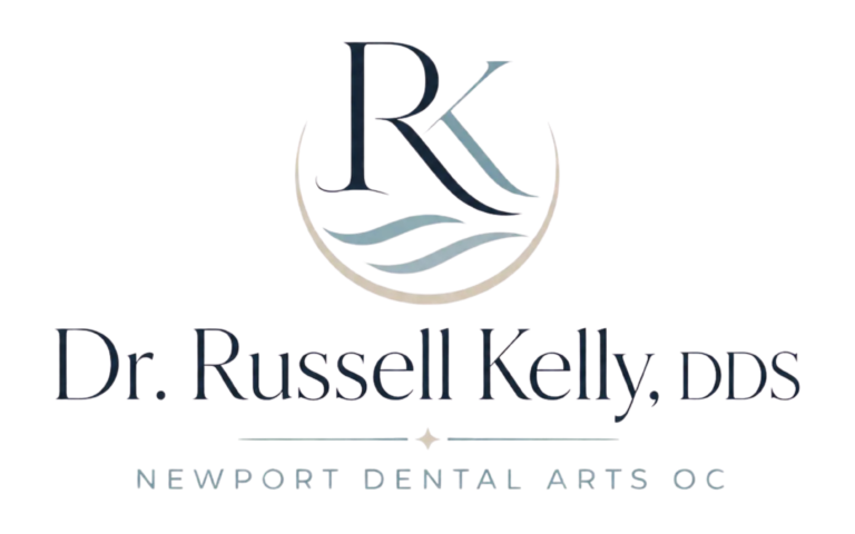 Dr. Russell Kelly, DDS logo featuring a bold RK monogram above the Newport Dental Arts OC wordmark a