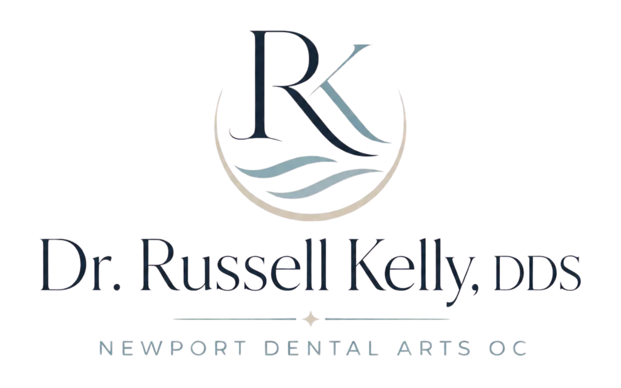 Dr. Russell Kelly, DDS logo featuring a bold RK monogram above the Newport Dental Arts OC wordmark a